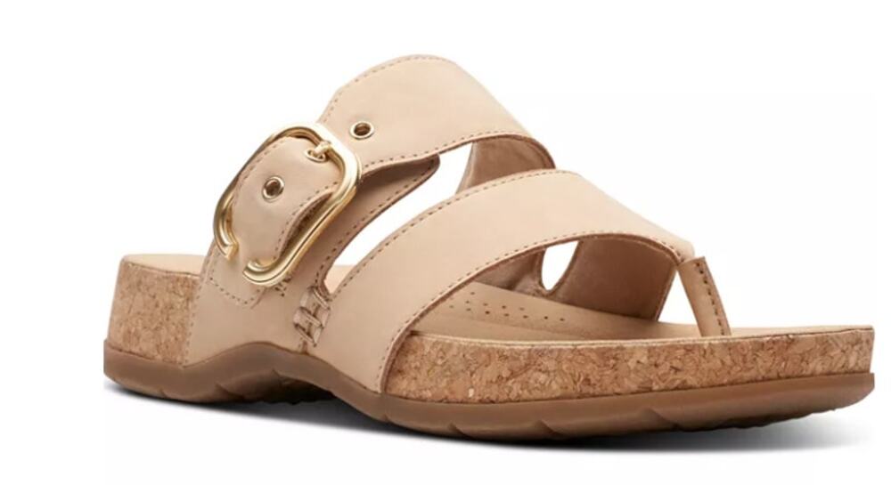 CLARKS REILEIGH PARK DOUBLE STRAP LEATHER COMFORT THONG SANDAL BEIGE NUBUCK 9M